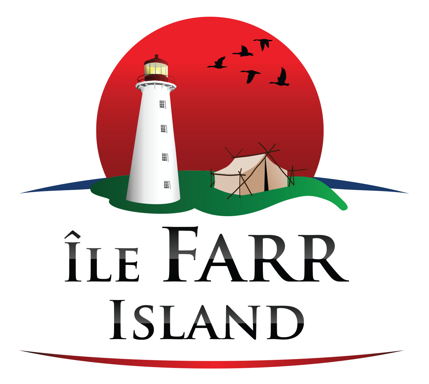 Farr Island logo. The Lake Temiskaming Island is owned by the Presidents' Suites / Le logo de l'ïle Farr. L'île située sur le lac Témiskaming est appartenue apr les Suites des Présidents