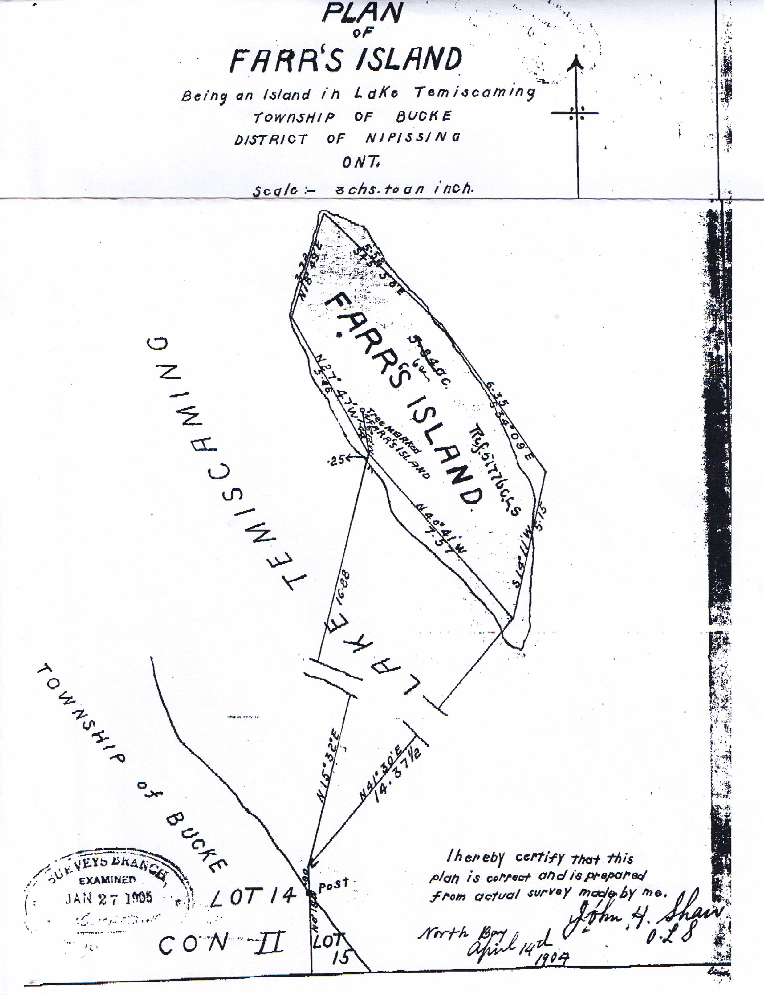 Plan of Farr Island - original survey don in April of 1904 by John Shaw. Survey was done on the ice and was probably done in anticipation of the purchase by the Farr Family. / le plan d'arpentage de l'île Farr produit en avril 1904.