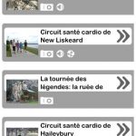 Les différentes tournées disponibles sur l'application des circuits interactifs du Témiskaming sur un téléphone intelligent