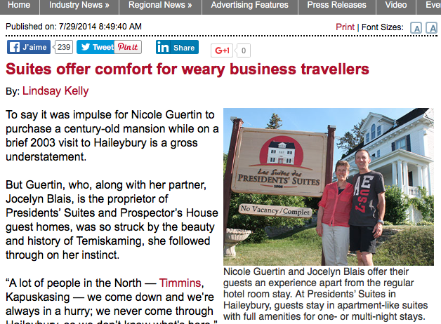 Article in the Northern Ontario Business about the Presidents' Suites / Article dans le Northern Ontario Business au sujet des Suites des Présidents