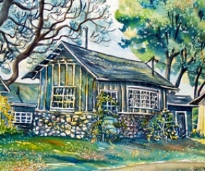 Cabin at Beach Gardens, watercolour by Laura Landers