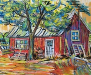 Red Tool Shed - Mixed media (acrylic/pastel) by Laura Landers