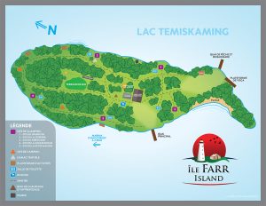 Carte détaillée de la station de glamping sur l'île Farr